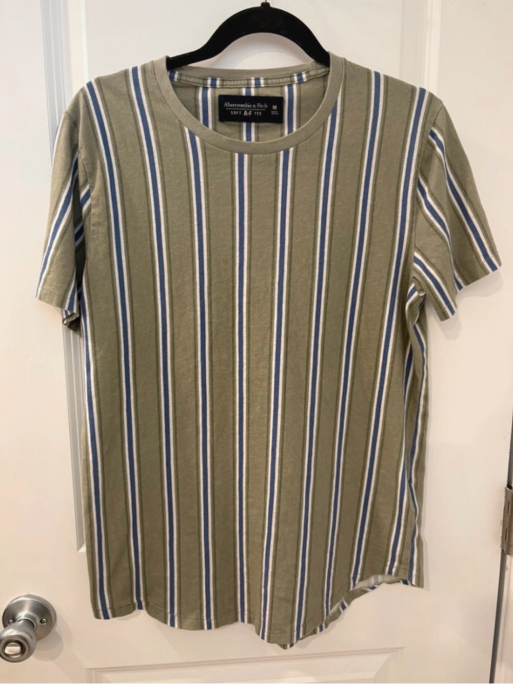 Abercrombie & Fitch Olive, White & Blue Vertical Stripe Short Sleeve Tee